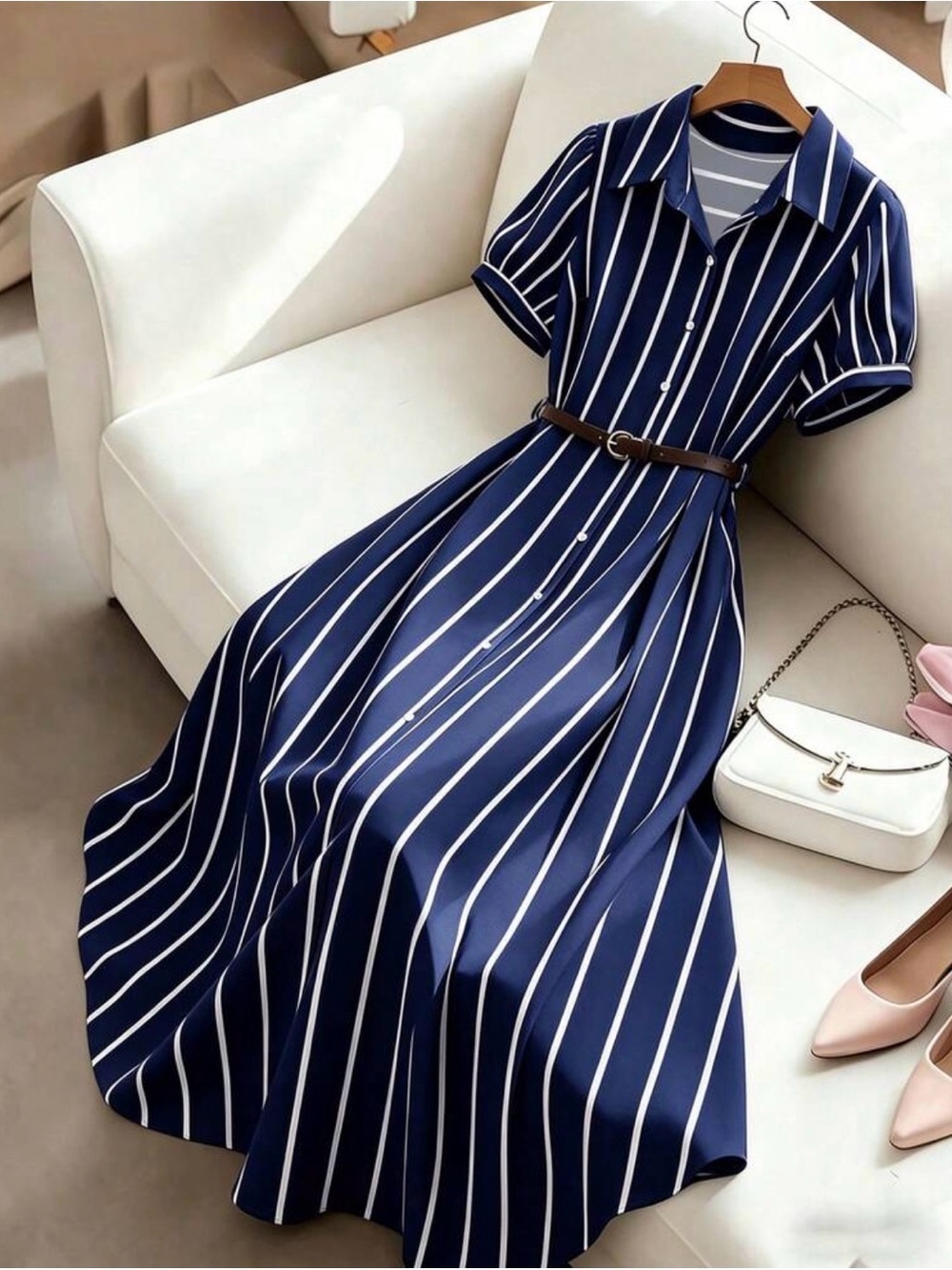 SHEIN Navy and White Vertical Stripe Maxi Shirt Dress with Belt